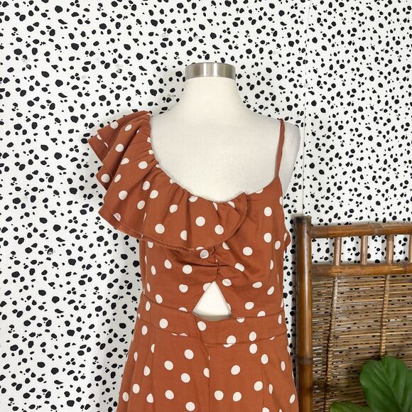 Anthropologie | Maeve Rust Orange Polka Dot White Ruffle Wide Leg Jumpsuit 8 EUC - Picture 3 of 13